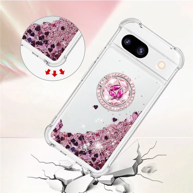YB Quicksand Series-7 for Google Pixel 8a Case Kickstand Glitter Waterfall TPU Phone Cover - Rose Gold / Hearts