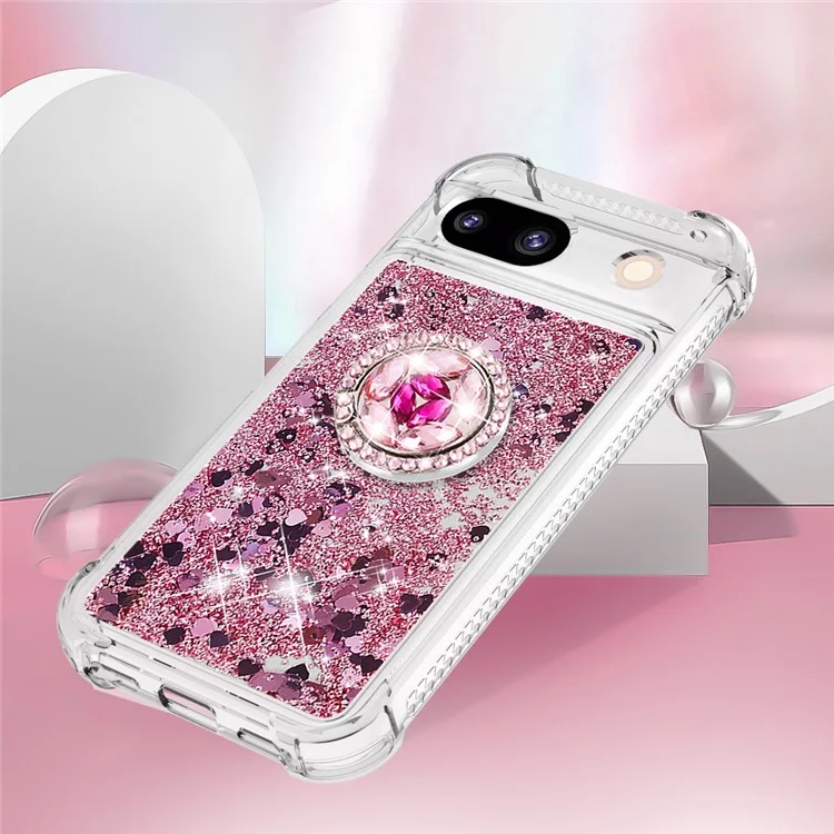 YB Quicksand Series-7 for Google Pixel 8a Case Kickstand Glitter Waterfall TPU Phone Cover - Rose Gold / Hearts