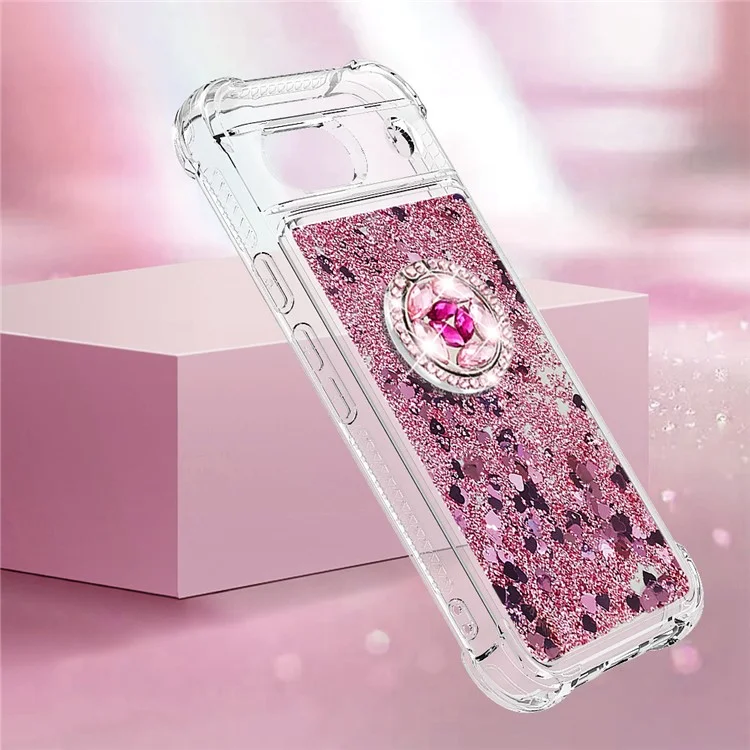 YB Quicksand Series-7 for Google Pixel 8a Case Kickstand Glitter Waterfall TPU Phone Cover - Rose Gold / Hearts