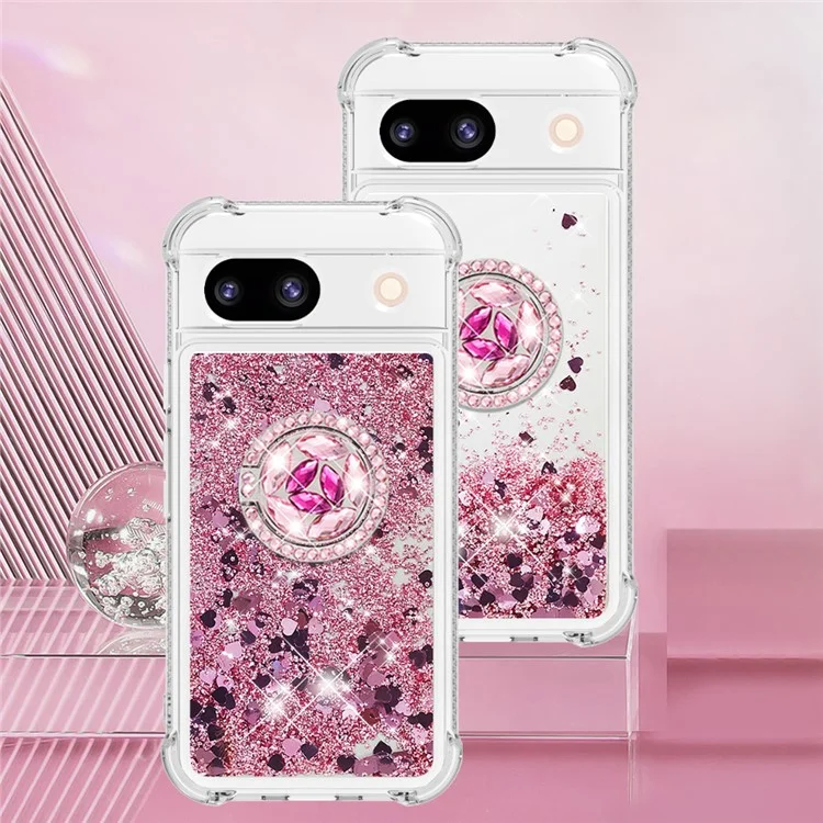 YB Quicksand Series-7 for Google Pixel 8a Case Kickstand Glitter Waterfall TPU Phone Cover - Rose Gold / Hearts