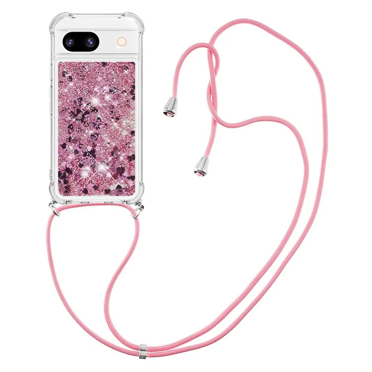 For Google Pixel 8a TPU Case Quicksand Design Phone Cover with Lanyard - Rose Gold / Hearts
