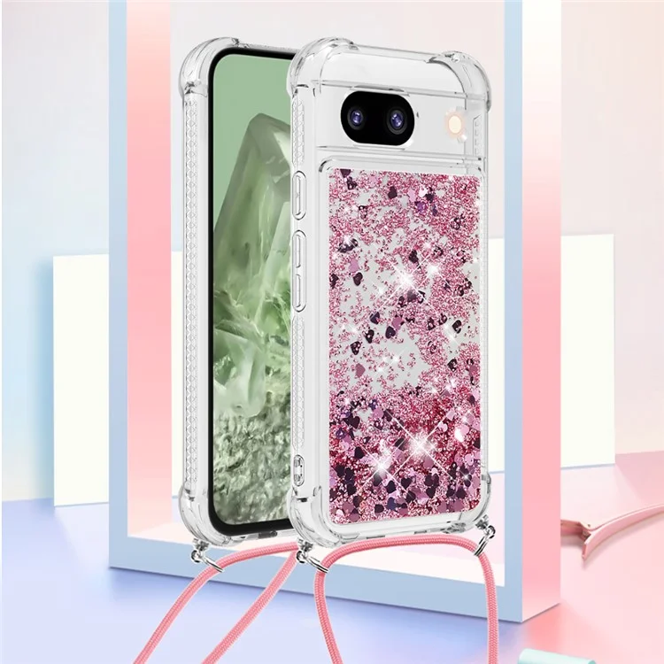 For Google Pixel 8a TPU Case Quicksand Design Phone Cover with Lanyard - Rose Gold / Hearts