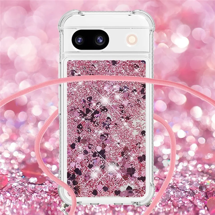 For Google Pixel 8a TPU Case Quicksand Design Phone Cover with Lanyard - Rose Gold / Hearts