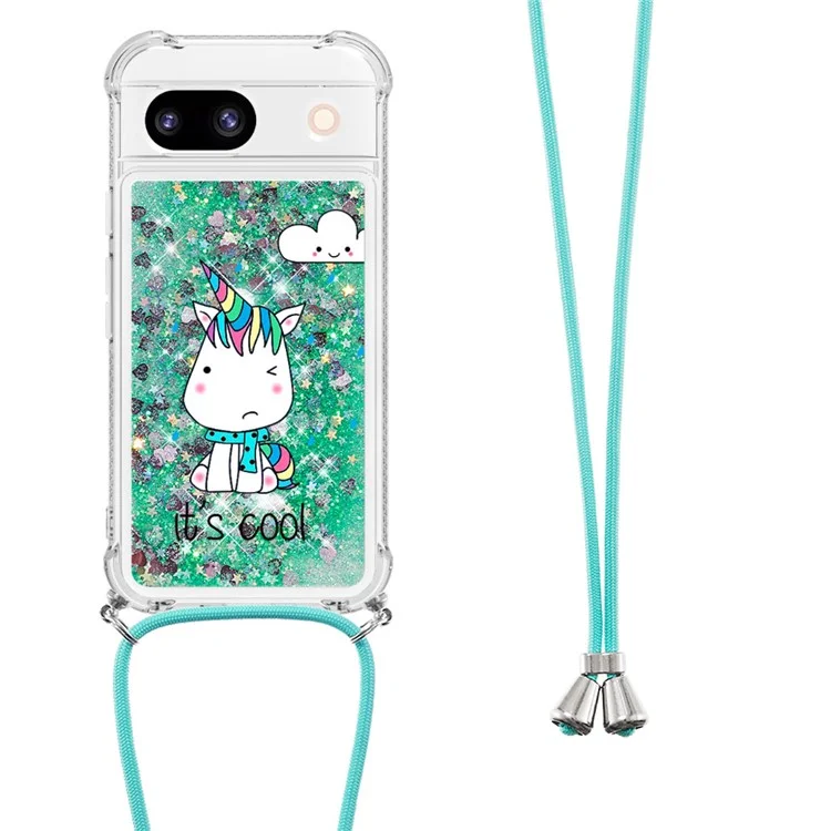For Google Pixel 8a TPU Case with Lanyard Quicksand Pattern Print Phone Cover - Sitting Horse
