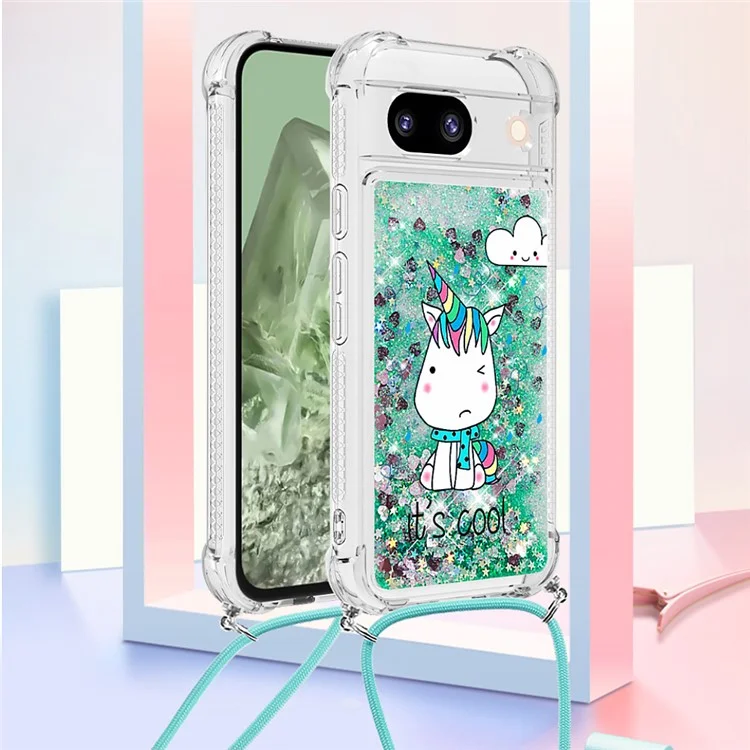 For Google Pixel 8a TPU Case with Lanyard Quicksand Pattern Print Phone Cover - Sitting Horse