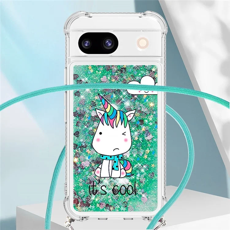 For Google Pixel 8a TPU Case with Lanyard Quicksand Pattern Print Phone Cover - Sitting Horse