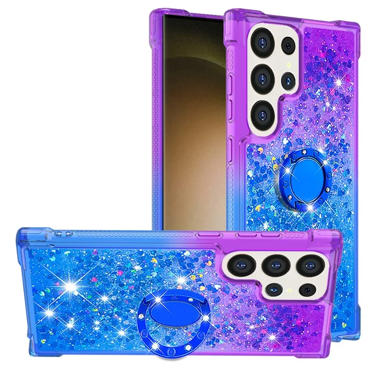 YB Quicksand Series-8 para Funda Samsung Galaxy S24 Ultra Floating Sparkle Kickstand Phone Cover - Púrpura+Azul Celeste