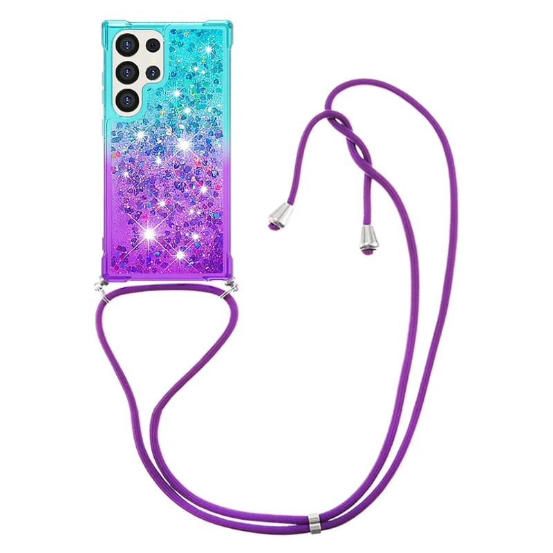 For Samsung Galaxy S24 Ultra TPU Case Gradiant Quicksand Shockproof Cover with Lanyard - Sky Blue+Purple