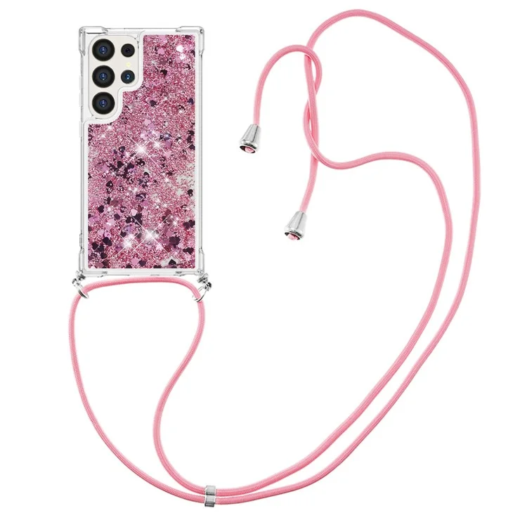 YB Quicksand Series-4 pour Samsung Galaxy S24 Ultra Coque Flowing Waterfall Phone Cover avec Lanyard - Rose Gold / Hearts