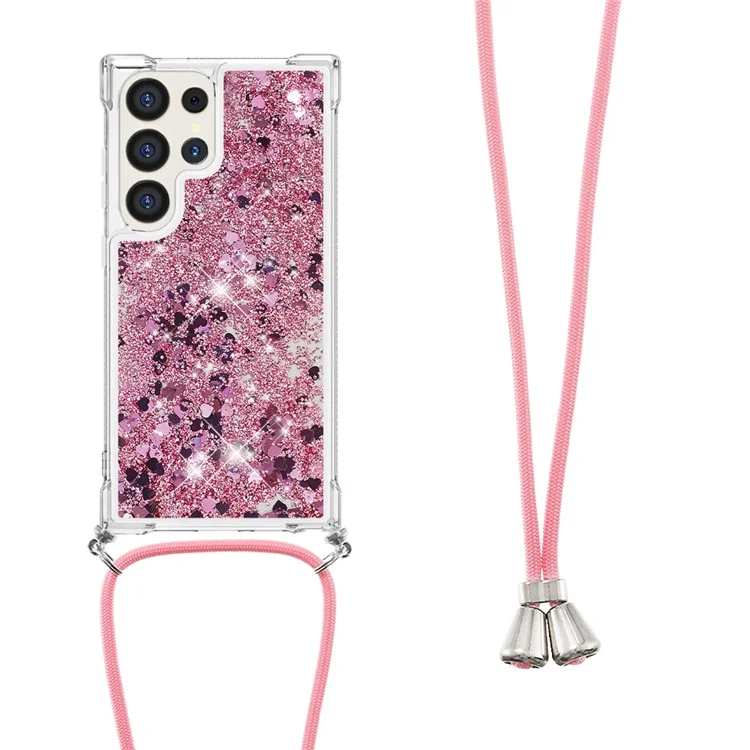 YB Quicksand Series-4 pour Samsung Galaxy S24 Ultra Coque Flowing Waterfall Phone Cover avec Lanyard - Rose Gold / Hearts