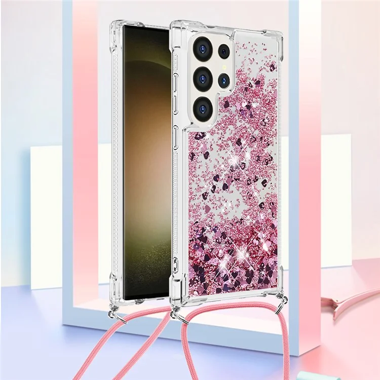 YB Quicksand Series-4 pour Samsung Galaxy S24 Ultra Coque Flowing Waterfall Phone Cover avec Lanyard - Rose Gold / Hearts
