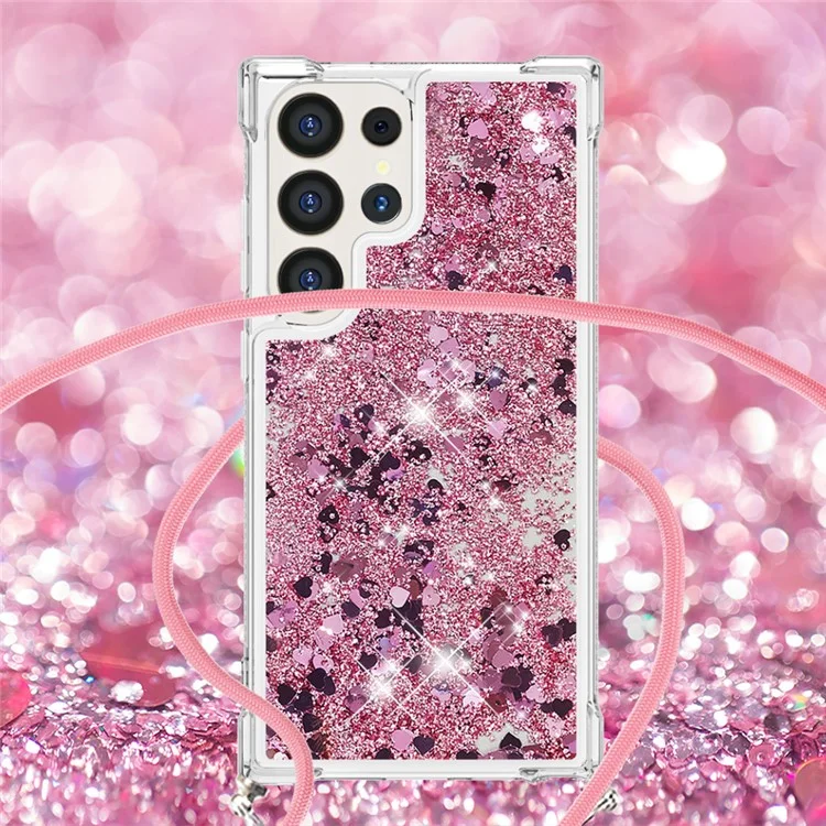 YB Quicksand Series-4 pour Samsung Galaxy S24 Ultra Coque Flowing Waterfall Phone Cover avec Lanyard - Rose Gold / Hearts