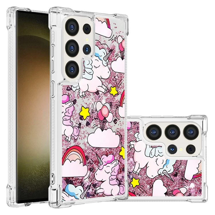 YB Quicksand Series-2 para Samsung Galaxy S24 Ultra Case Moving Bling TPU Pattern Phone Cover - Cavalo Fofo e Nuvens