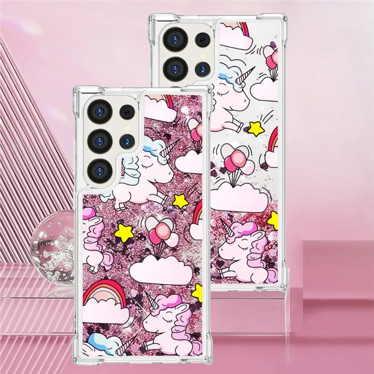 YB Quicksand Series-2 para Samsung Galaxy S24 Ultra Case Moving Bling TPU Pattern Phone Cover - Cavalo Fofo e Nuvens