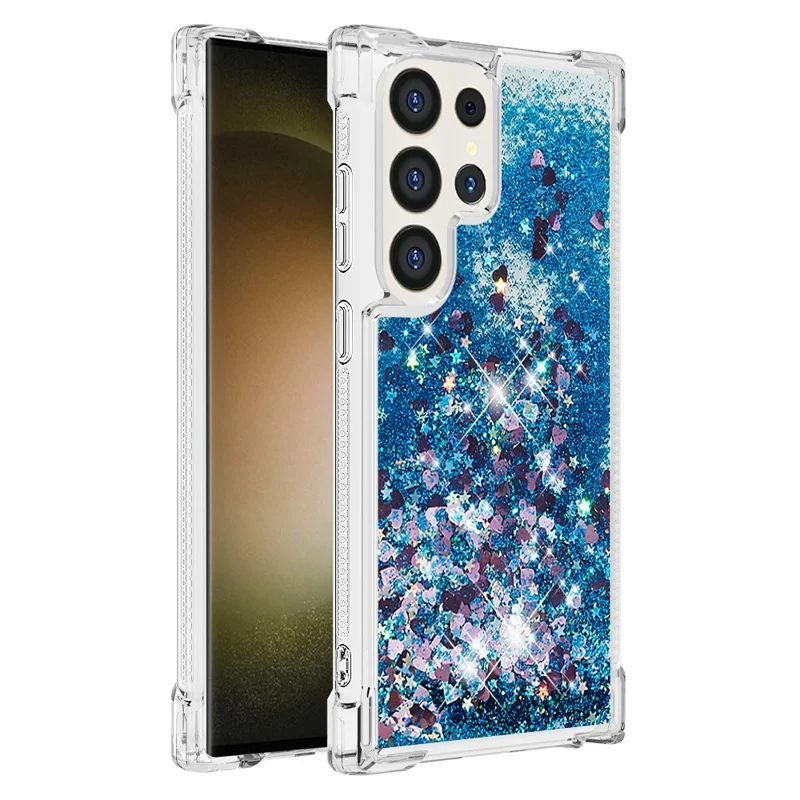 For Samsung Galaxy S24 Ultra TPU Case Glitter Quicksand Shockproof Phone Back Cover - Blue / Hearts