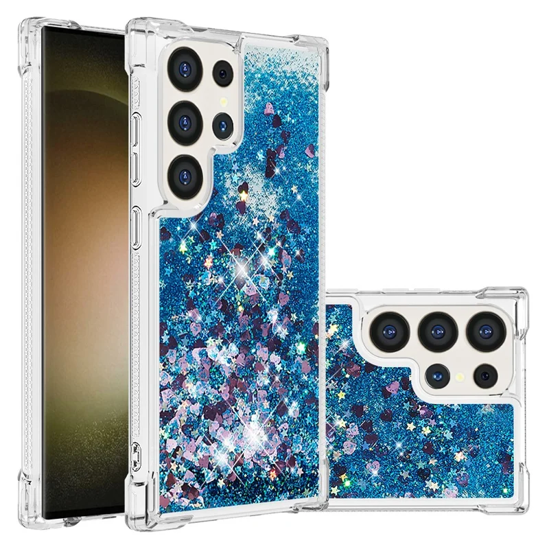 For Samsung Galaxy S24 Ultra TPU Case Glitter Quicksand Shockproof Phone Back Cover - Blue / Hearts