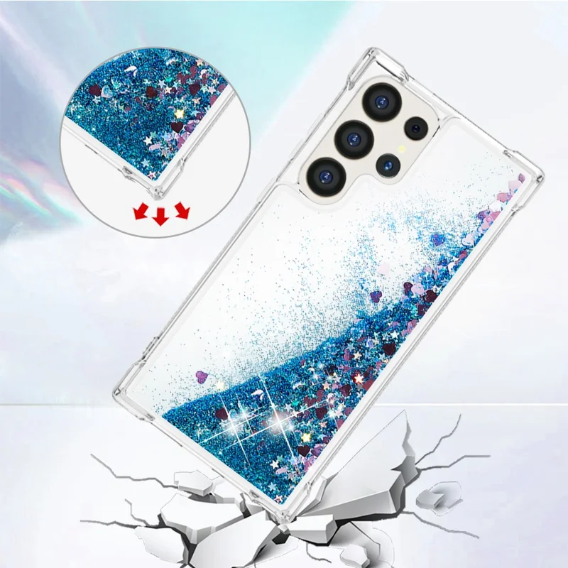 For Samsung Galaxy S24 Ultra TPU Case Glitter Quicksand Shockproof Phone Back Cover - Blue / Hearts