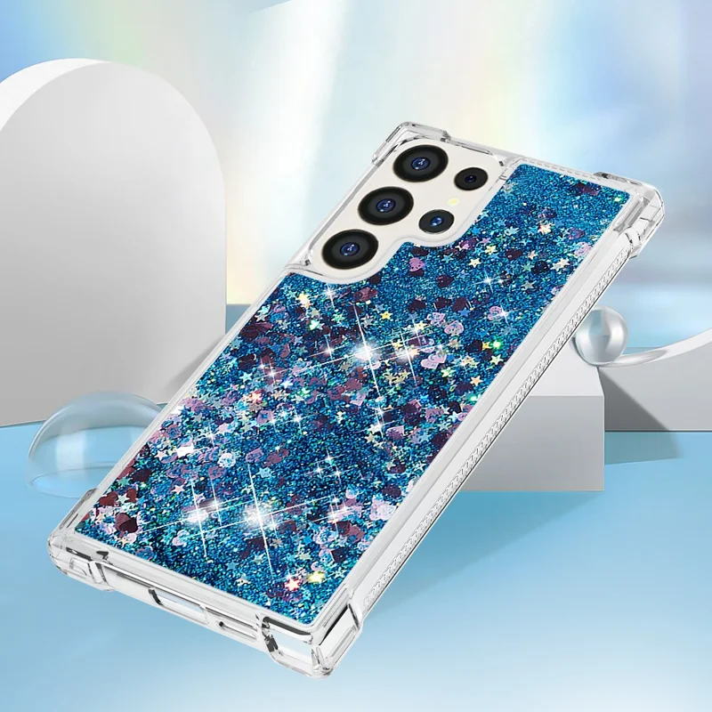 For Samsung Galaxy S24 Ultra TPU Case Glitter Quicksand Shockproof Phone Back Cover - Blue / Hearts