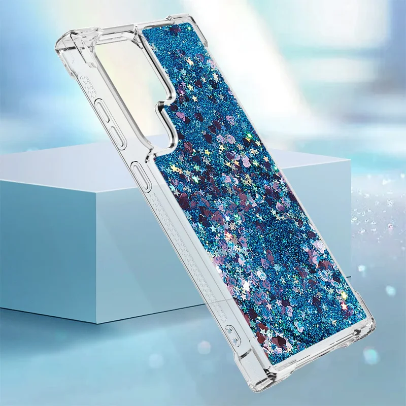 For Samsung Galaxy S24 Ultra TPU Case Glitter Quicksand Shockproof Phone Back Cover - Blue / Hearts