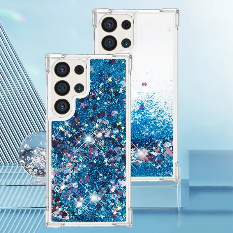 For Samsung Galaxy S24 Ultra TPU Case Glitter Quicksand Shockproof Phone Back Cover - Blue / Hearts