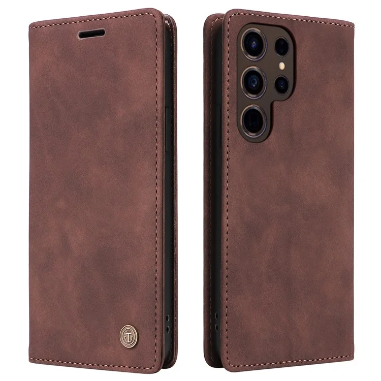 006 Series For Samsung Galaxy S24 Ultra Case PU Leather Folding Stand Cover with Suction Cups Closure - Coffee