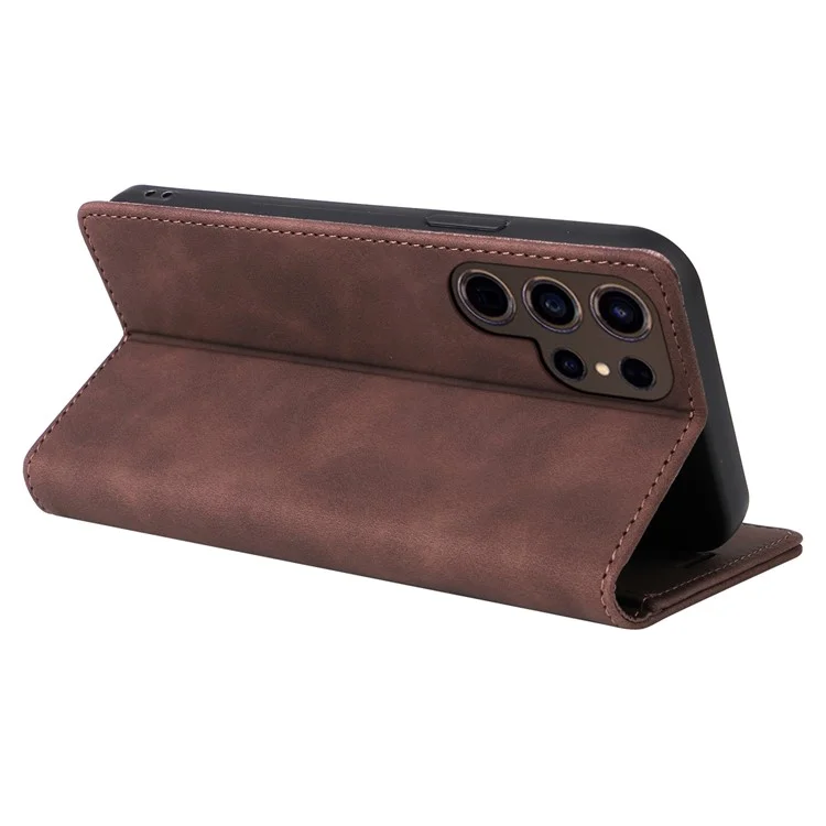 006 Series For Samsung Galaxy S24 Ultra Case PU Leather Folding Stand Cover with Suction Cups Closure - Coffee