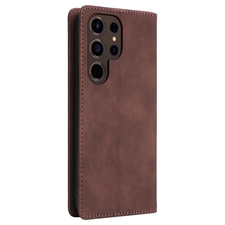 006 Series For Samsung Galaxy S24 Ultra Case PU Leather Folding Stand Cover with Suction Cups Closure - Coffee