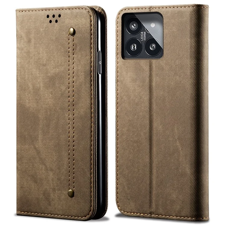 Per Xiaomi 14 Case Cover in Pelle PU Flip Stand Wallet Custodia per Cellulare - Kaki