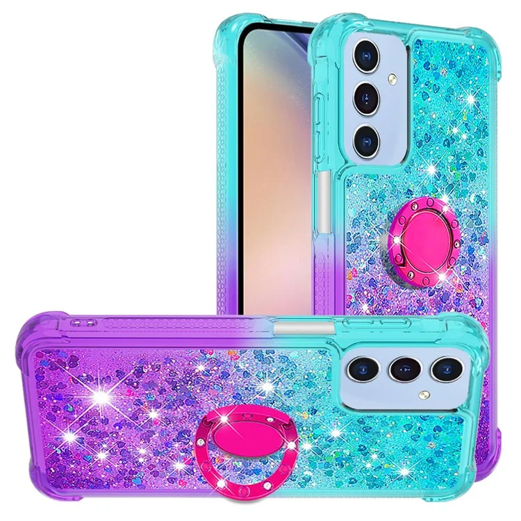 For Samsung Galaxy A15 5G TPU Case with Kickstand Gradiant Quicksand Shockproof Cover - Sky Blue+Purple