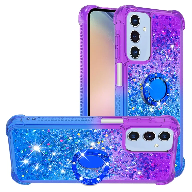 For Samsung Galaxy A15 5G TPU Case with Kickstand Gradiant Quicksand Shockproof Cover - Purple+Sky Blue