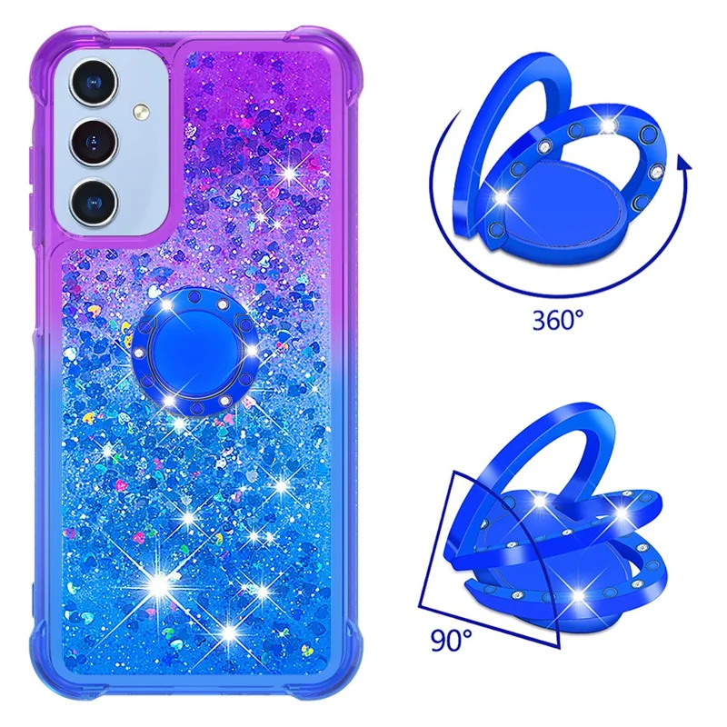For Samsung Galaxy A15 5G TPU Case with Kickstand Gradiant Quicksand Shockproof Cover - Purple+Sky Blue