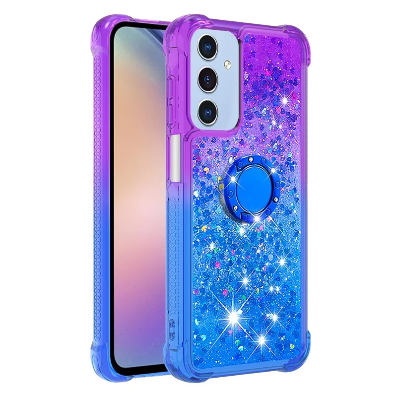 For Samsung Galaxy A15 5G TPU Case with Kickstand Gradiant Quicksand Shockproof Cover - Purple+Sky Blue
