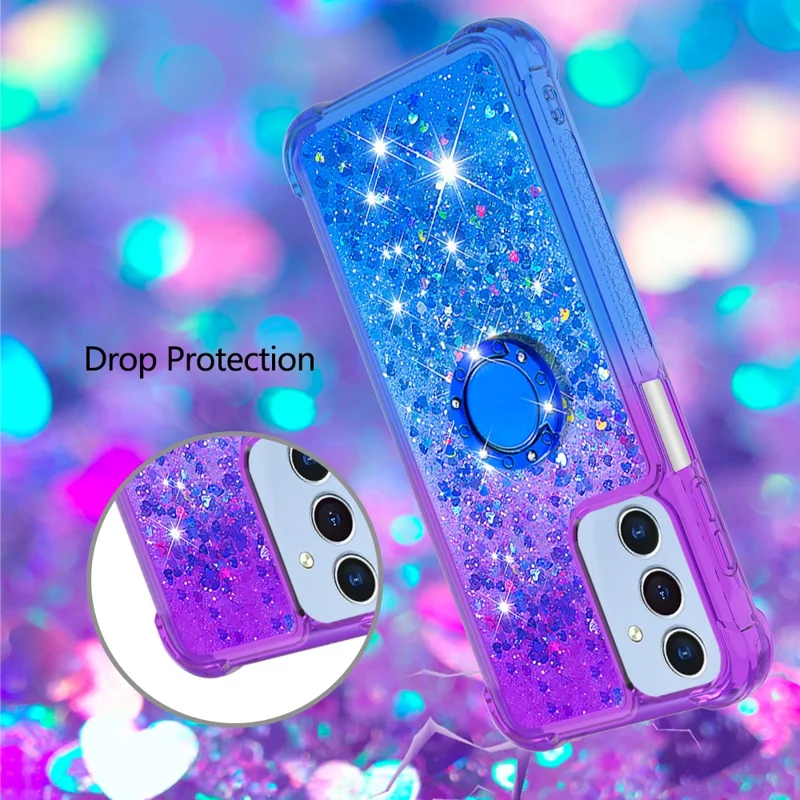For Samsung Galaxy A15 5G TPU Case with Kickstand Gradiant Quicksand Shockproof Cover - Purple+Sky Blue