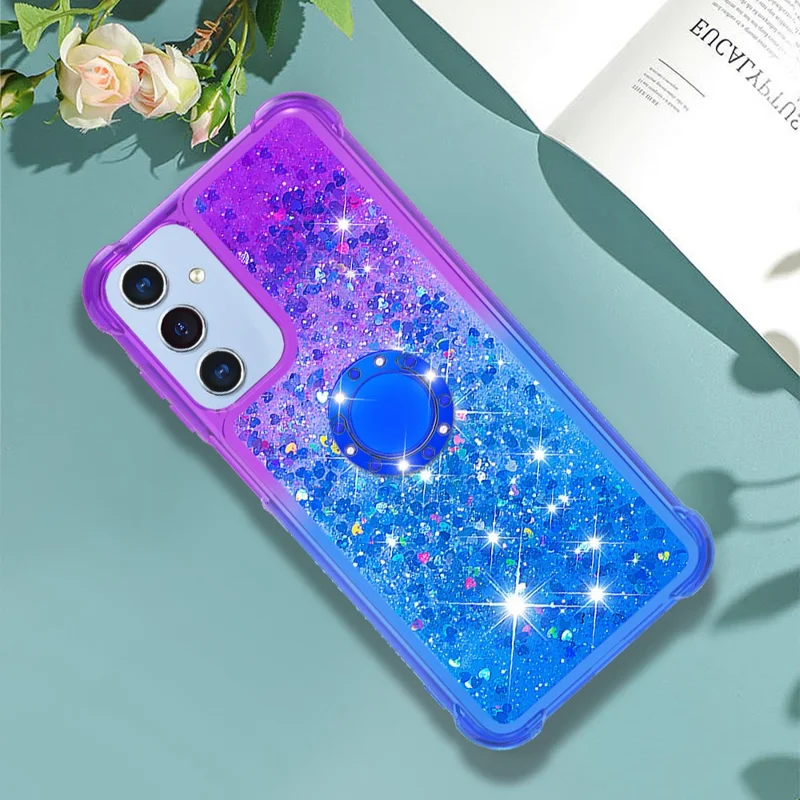 For Samsung Galaxy A15 5G TPU Case with Kickstand Gradiant Quicksand Shockproof Cover - Purple+Sky Blue