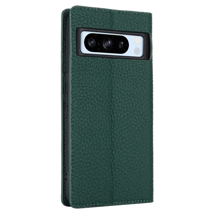 For Google Pixel 8 Pro Case Litchi Texture Genuine Cow Leather Phone Cover Wallet Stand with Strap - Green