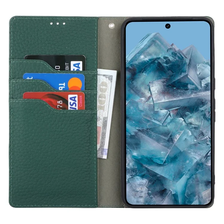 For Google Pixel 8 Pro Case Litchi Texture Genuine Cow Leather Phone Cover Wallet Stand with Strap - Green