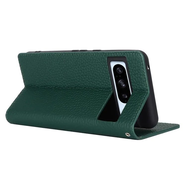 For Google Pixel 8 Pro Case Litchi Texture Genuine Cow Leather Phone Cover Wallet Stand with Strap - Green