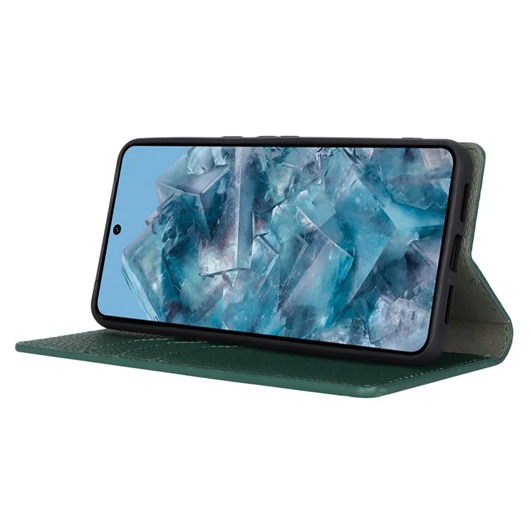 For Google Pixel 8 Pro Case Litchi Texture Genuine Cow Leather Phone Cover Wallet Stand with Strap - Green