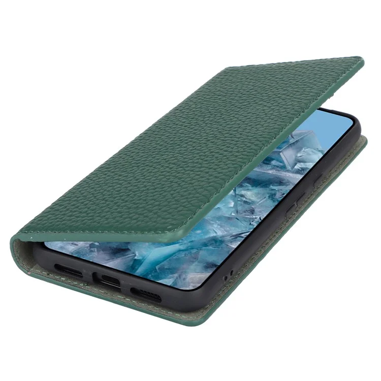 For Google Pixel 8 Pro Case Litchi Texture Genuine Cow Leather Phone Cover Wallet Stand with Strap - Green