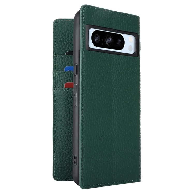 For Google Pixel 8 Pro Case Litchi Texture Genuine Cow Leather Phone Cover Wallet Stand with Strap - Green