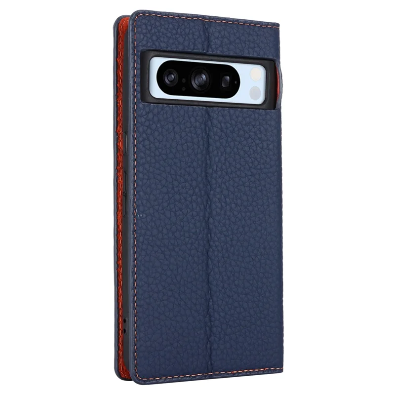 For Google Pixel 8 Pro Case Litchi Texture Genuine Cow Leather Phone Cover Wallet Stand with Strap - Dark Blue