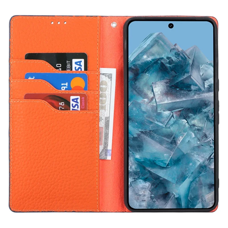 For Google Pixel 8 Pro Case Litchi Texture Genuine Cow Leather Phone Cover Wallet Stand with Strap - Dark Blue
