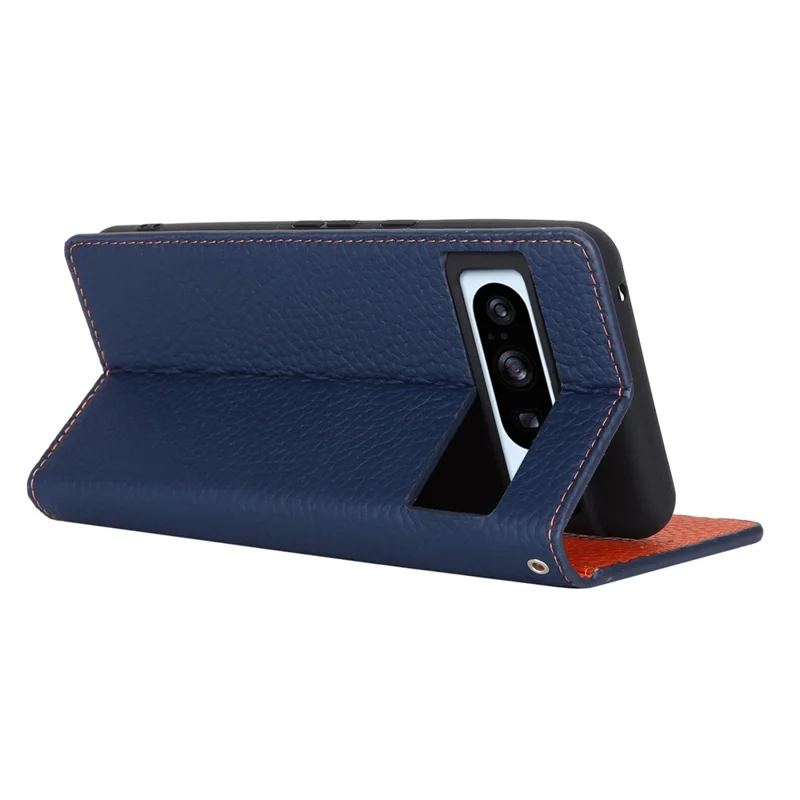 For Google Pixel 8 Pro Case Litchi Texture Genuine Cow Leather Phone Cover Wallet Stand with Strap - Dark Blue