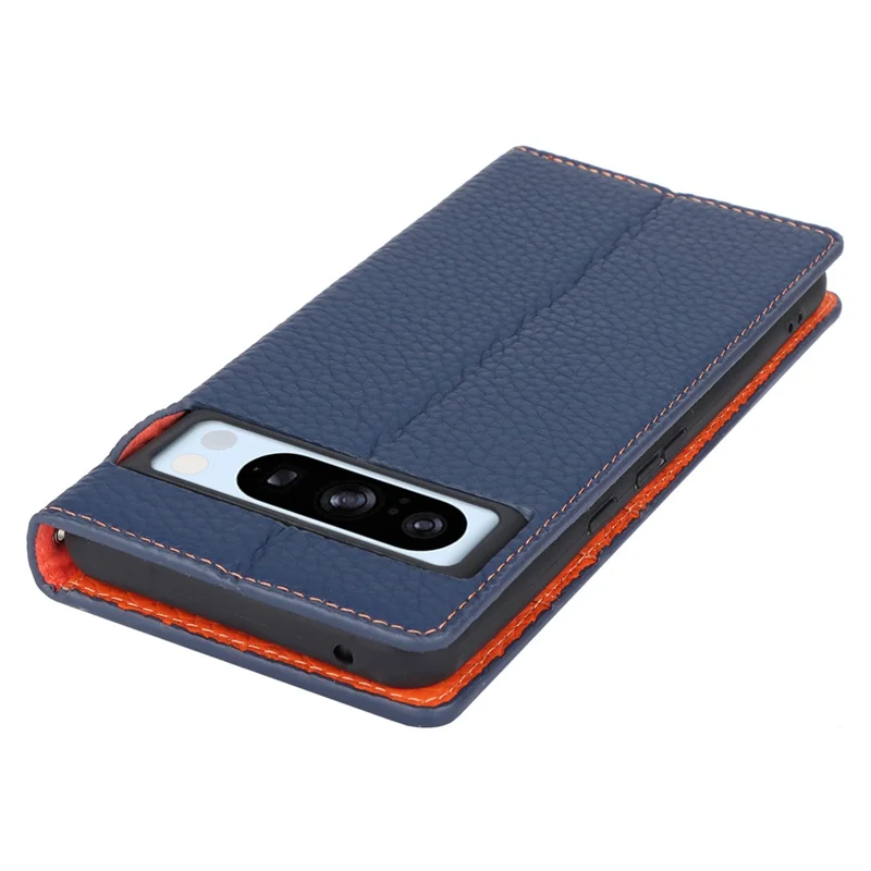 For Google Pixel 8 Pro Case Litchi Texture Genuine Cow Leather Phone Cover Wallet Stand with Strap - Dark Blue