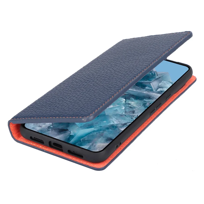 For Google Pixel 8 Pro Case Litchi Texture Genuine Cow Leather Phone Cover Wallet Stand with Strap - Dark Blue