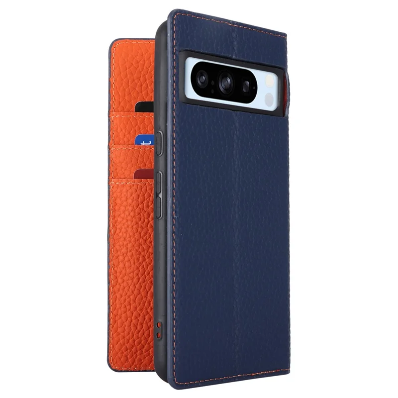 For Google Pixel 8 Pro Case Litchi Texture Genuine Cow Leather Phone Cover Wallet Stand with Strap - Dark Blue