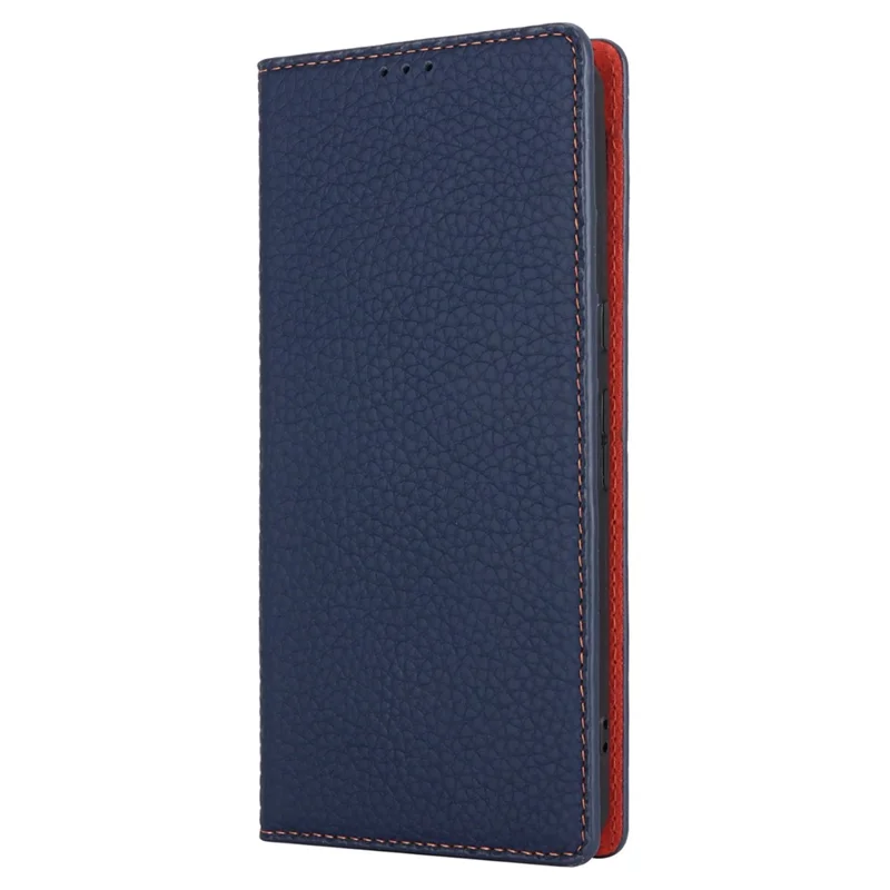 For Google Pixel 8 Pro Case Litchi Texture Genuine Cow Leather Phone Cover Wallet Stand with Strap - Dark Blue