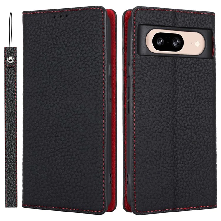For Google Pixel 8 Case Litchi Texture Anti-scratch Genuine Cow Leather Phone Cover with Strap - Black