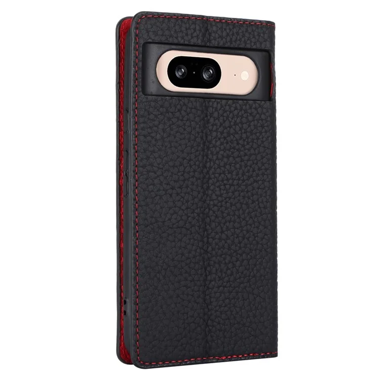 For Google Pixel 8 Case Litchi Texture Anti-scratch Genuine Cow Leather Phone Cover with Strap - Black