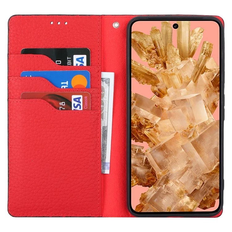 For Google Pixel 8 Case Litchi Texture Anti-scratch Genuine Cow Leather Phone Cover with Strap - Black